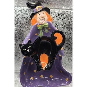 Vintage Witch Black Cat Ceramic Chip Dip Bowl Halloween Serving Dish Decor